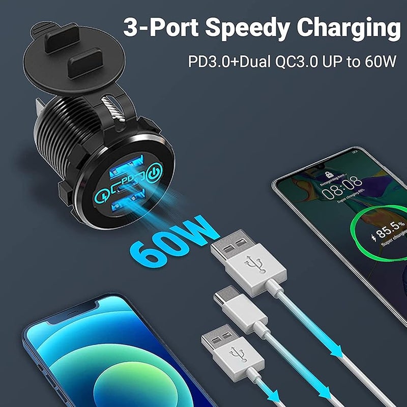 اليكدون مقبس شاحن سيارة، 12 فولت/24 فولت، منفذ USB ثلاثي 20 واط بي دي و18 واط كيو سي 3.0، خليط معدني من الالومنيوم مع مفتاح لمس، شاحن سريع للسيارة والقوارب البحرية وعربة الجولف - Image 2