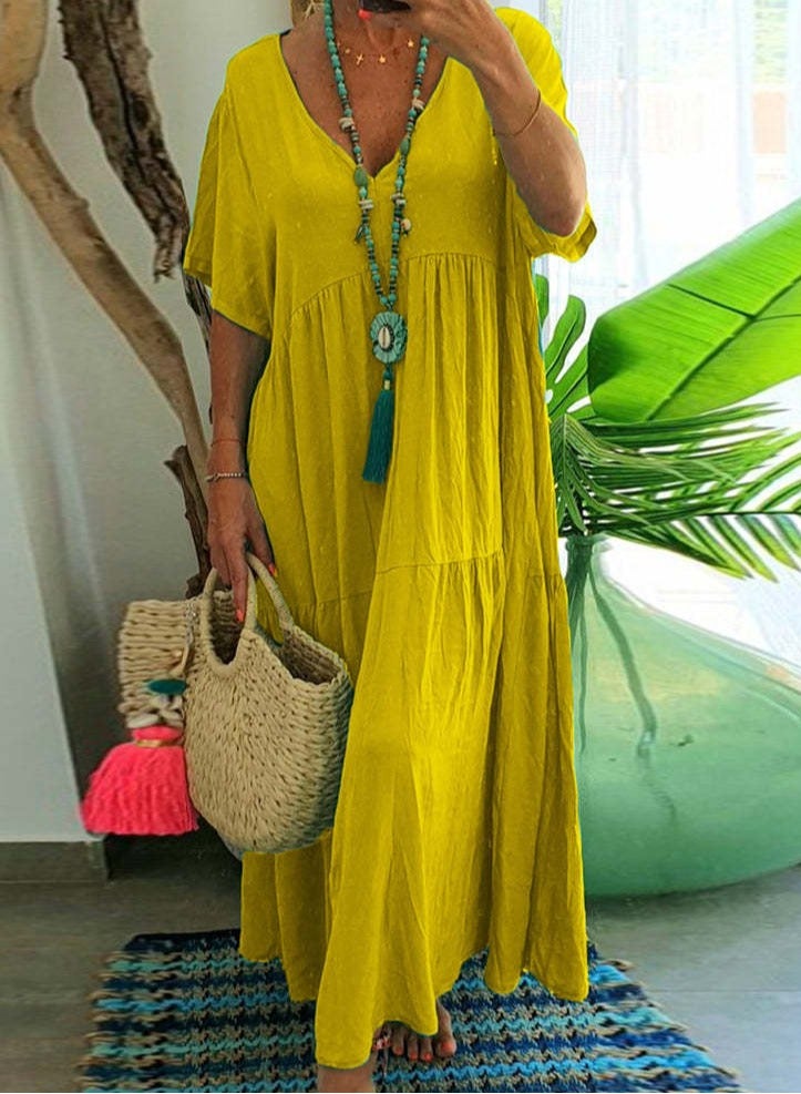 Loquat Womens Summer Loose Casual Short Sleeve Dresses Solid Color V-Neck Ruffled Maxi Dress Lemon Yellow
