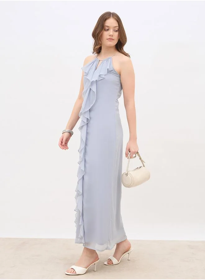 ستايلي Styli Solid Ruffle Detail Sleeveless A-Line Maxi Dress