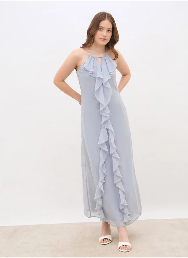 ستايلي Styli Solid Ruffle Detail Sleeveless A-Line Maxi Dress