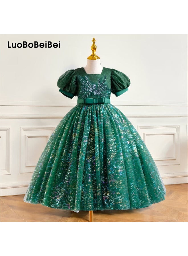 Luobobeibei 2025 Girls' Blue Long Dress, Children's Princess Dress For Weddings And Performances, Green, Size 120 - Image 1