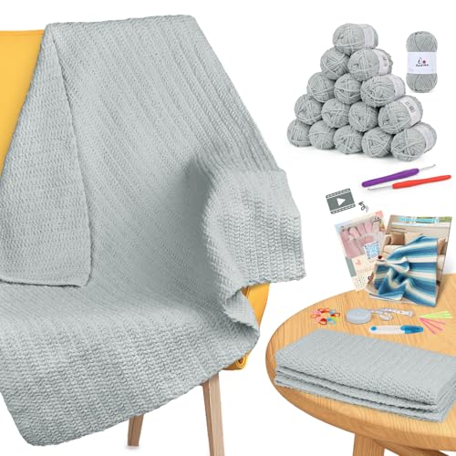 Aeelike Blanket Crochet Kit for Beginners, Easy Crochet Blanket Kit with Soft Chenille Yarns Detailed Instruction Crocheting Accessories Complete Beginners Crocheting Kits, Cyan-Gray - Image 1