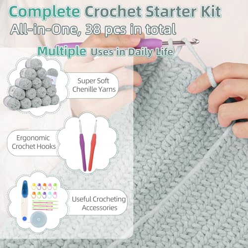 Aeelike Blanket Crochet Kit for Beginners, Easy Crochet Blanket Kit with Soft Chenille Yarns Detailed Instruction Crocheting Accessories Complete Beginners Crocheting Kits, Cyan-Gray - Image 5