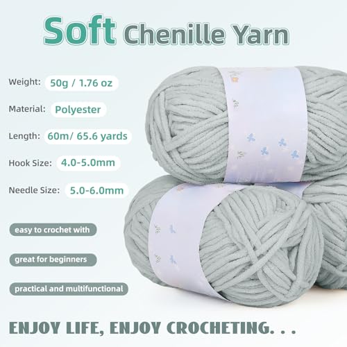 Aeelike Blanket Crochet Kit for Beginners, Easy Crochet Blanket Kit with Soft Chenille Yarns Detailed Instruction Crocheting Accessories Complete Beginners Crocheting Kits, Cyan-Gray - Image 3