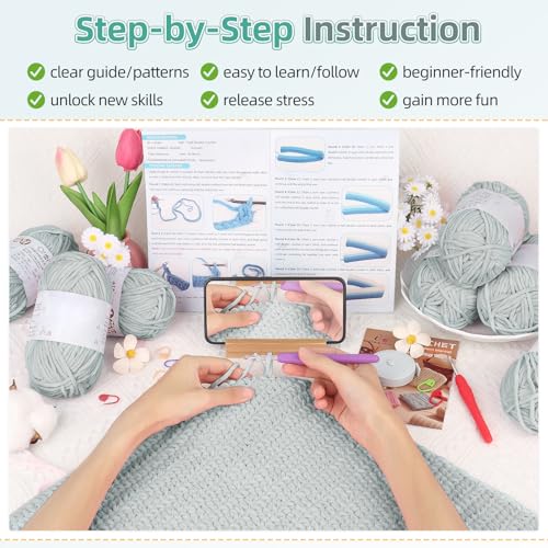 Aeelike Blanket Crochet Kit for Beginners, Easy Crochet Blanket Kit with Soft Chenille Yarns Detailed Instruction Crocheting Accessories Complete Beginners Crocheting Kits, Cyan-Gray - Image 4