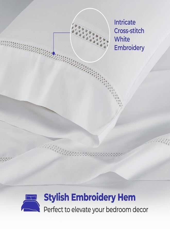 Superior Embroidered Cotton Bed Sheet Set, 1 Elastic Deep Pocket Fitted Sheet, 1 Flat Sheet, 2 Pillowcases, Daily Soft Sheets, Cotton Cross-Stitch Design, Riverton Collection, King, White-White - Image 3