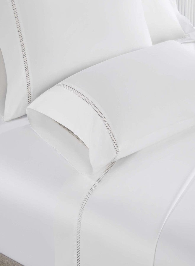 Superior Embroidered Cotton Bed Sheet Set, 1 Elastic Deep Pocket Fitted Sheet, 1 Flat Sheet, 2 Pillowcases, Daily Soft Sheets, Cotton Cross-Stitch Design, Riverton Collection, King, White-White - Image 5