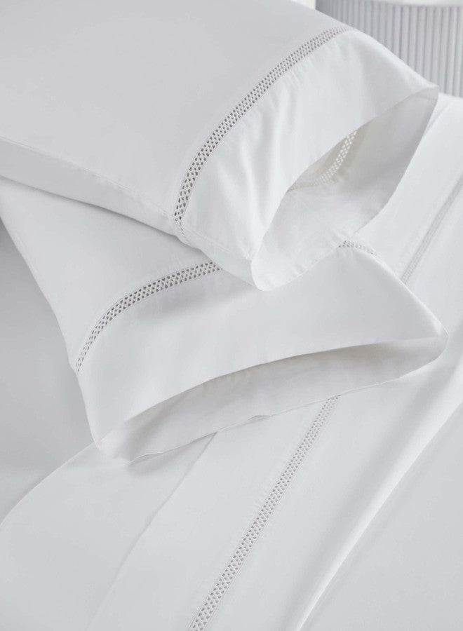 Superior Embroidered Cotton Bed Sheet Set, 1 Elastic Deep Pocket Fitted Sheet, 1 Flat Sheet, 2 Pillowcases, Daily Soft Sheets, Cotton Cross-Stitch Design, Riverton Collection, King, White-White - Image 4
