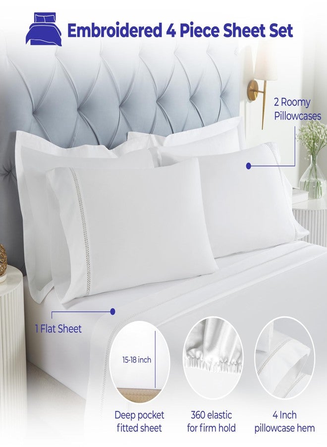 Superior Embroidered Cotton Bed Sheet Set, 1 Elastic Deep Pocket Fitted Sheet, 1 Flat Sheet, 2 Pillowcases, Daily Soft Sheets, Cotton Cross-Stitch Design, Riverton Collection, King, White-White - Image 2