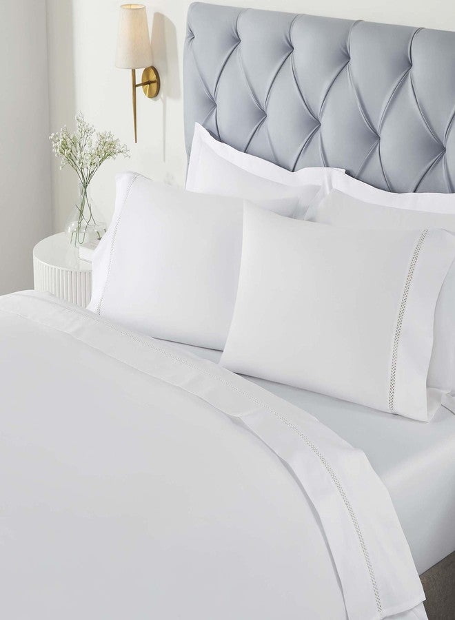 Superior Embroidered Cotton Bed Sheet Set, 1 Elastic Deep Pocket Fitted Sheet, 1 Flat Sheet, 2 Pillowcases, Daily Soft Sheets, Cotton Cross-Stitch Design, Riverton Collection, King, White-White - Image 1