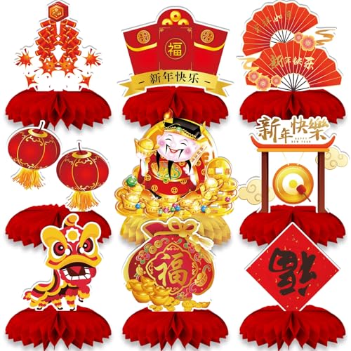 9 Pieces Chinese New Year Party Decorations Year of the Horse Table Centerpieces 2026 Lunar New Year Honeycomb Centerpieces for New Years Eve Party Supplies - Image 1