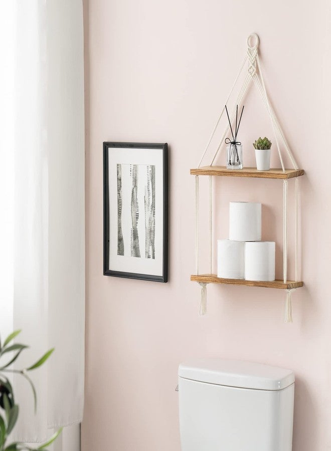 Mkono Macrame Wall Hanging Shelf 2 Tier Boho Room Decor Handmade Cotton Rope Rustic Wood Floating Shelves Display Photos Plants Hanging Storage Shelving for Living Room Nursery Bathroom Bedroom - Image 4