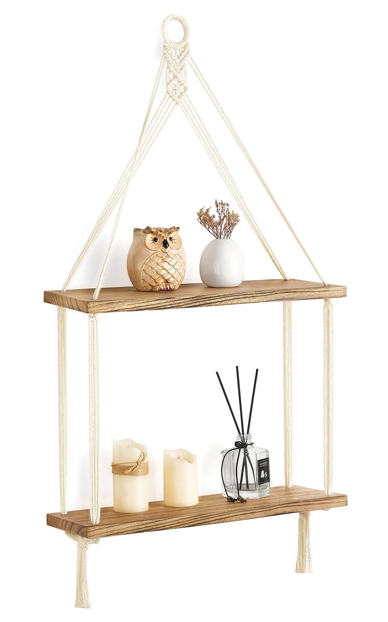 Mkono Macrame Wall Hanging Shelf 2 Tier Boho Room Decor Handmade Cotton Rope Rustic Wood Floating Shelves Display Photos Plants Hanging Storage Shelving for Living Room Nursery Bathroom Bedroom - Image 1