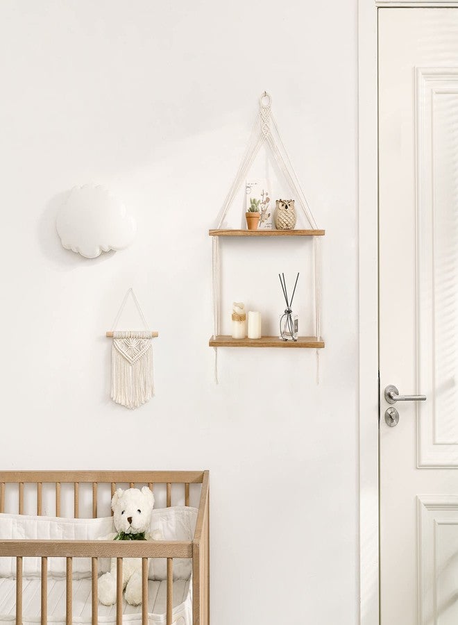 Mkono Macrame Wall Hanging Shelf 2 Tier Boho Room Decor Handmade Cotton Rope Rustic Wood Floating Shelves Display Photos Plants Hanging Storage Shelving for Living Room Nursery Bathroom Bedroom - Image 2