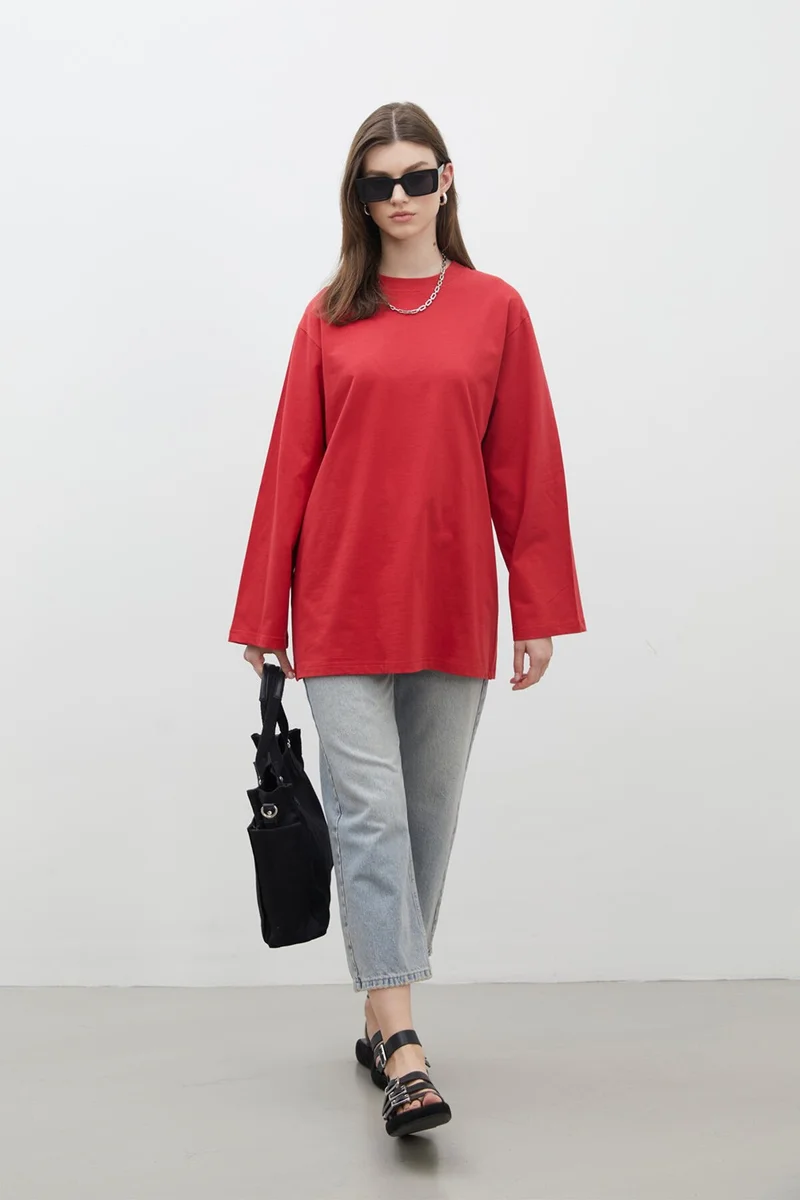 Manuka Oversize Cotton Long Sleeve T-Shirt Red