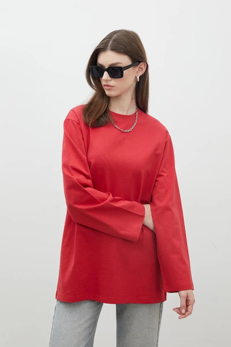 Manuka Oversize Cotton Long Sleeve T-Shirt Red