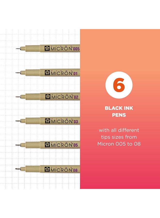 SAKURA Pigma Micron Fineliner Pens - Archival Black Ink Pens - Pens For Writing Or Drawing - Holiday Gifts For Artists, Crafters & Diy Gifts Projects - Assorted Point Sizes - 6 Count - Image 1