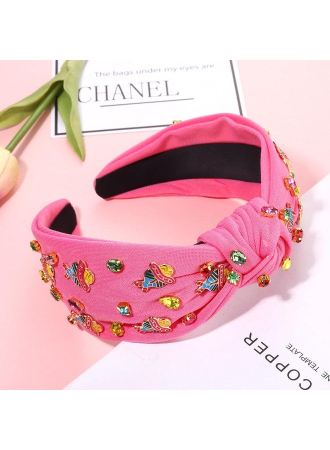 NVENF Mexican Headband For Women Cinco De Mayo Fiesta Pianata Chili Sombrero Headband Rhinestone Crystal Jeweled Wide Top Knot Headband Mexican Hair Accessories Gifts (Sombrero A Pink) - Image 4