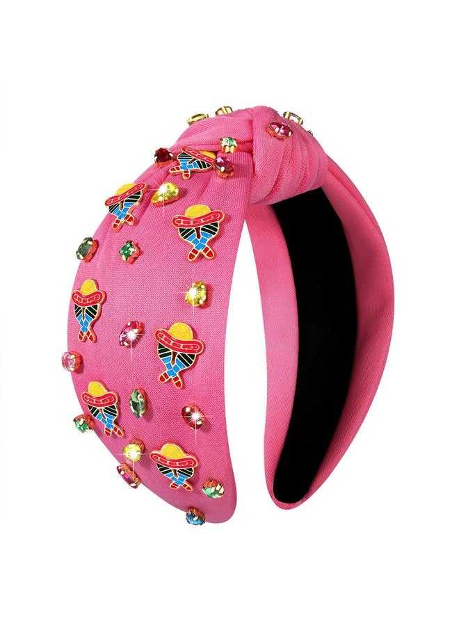 NVENF Mexican Headband For Women Cinco De Mayo Fiesta Pianata Chili Sombrero Headband Rhinestone Crystal Jeweled Wide Top Knot Headband Mexican Hair Accessories Gifts (Sombrero A Pink) - Image 1