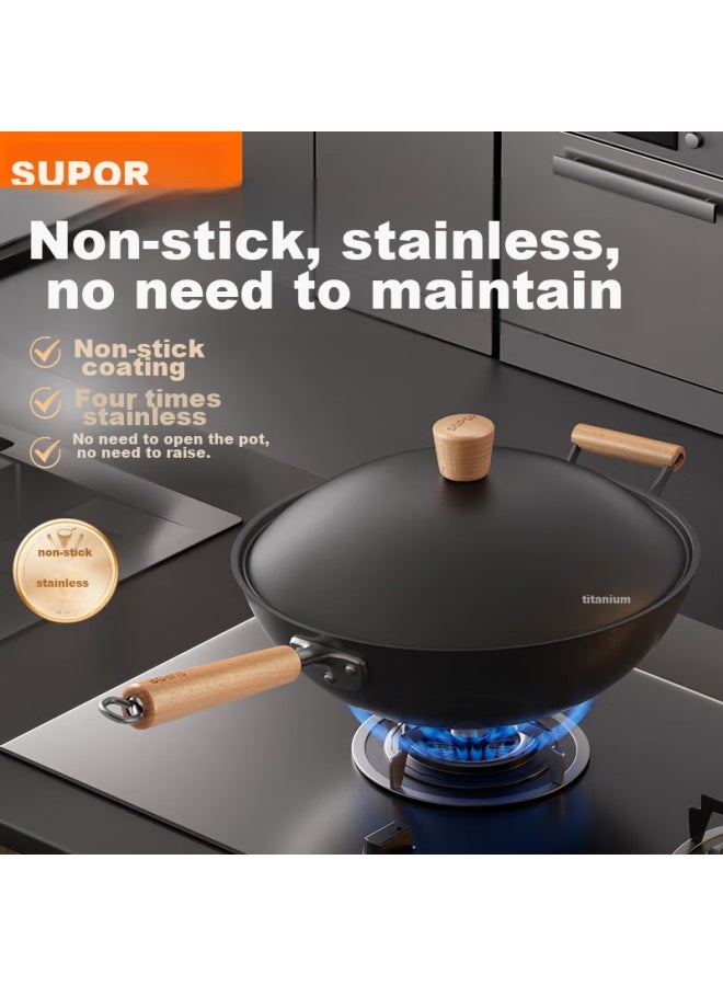 Supor Titanium Iron Non-stick Wok, 34cm Hammered Iron Pan, Suitable For Gas And Induction Cooktops, Ec34ayt02 - Image 1