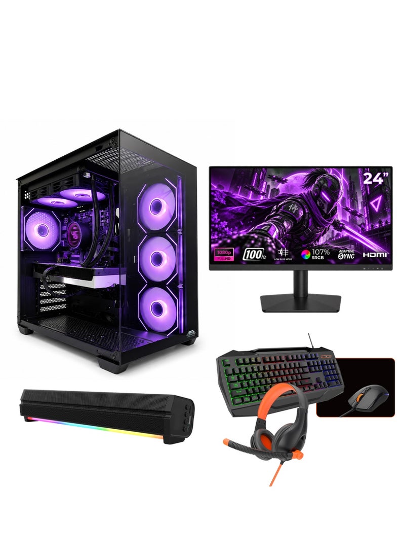 عرب جيمرز حزمة كمبيوتر ألعاب متكاملة بمعالج Intel Core i5-14400F، بطاقة رسوميات NVIDIA GeForce RTX 5060 8GB، ذاكرة وصول عشوائي 16GB، قرص صلب NVMe SSD 1TB، شاشة FHD 24 بوصة، لوحة مفاتيح، ماوس، سماعة رأس، ومكبر صوت RGB، نظام تشغيل Windows 11 Pro، أسود - Image 1