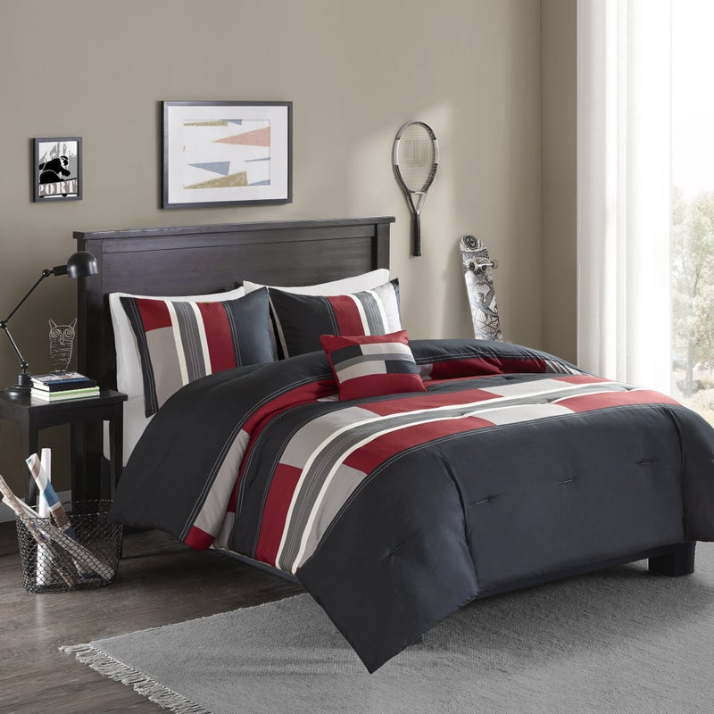 Comfort Spaces Casual Comforter Set Sporty Design, Vibrant Color, Active Lifestyle Boys Bedroom DÃ©cor, All Season Soft Microfiber Bedding Set, Decorative Pillow, Sham Black/Red Twin/Twin XL 3 Piece - Image 1