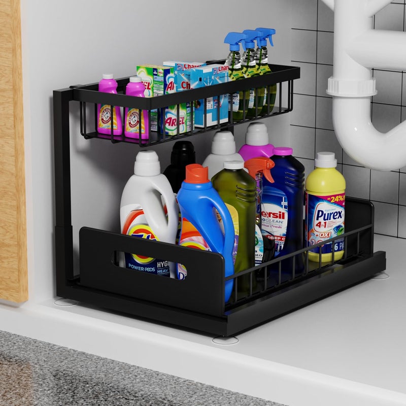 Lxmons Lxmons 2Tier Under Sink Slide Out Organizer Pull Out Cabinet Storage Shelf with Sliding Wire Basket Drawer for Bathroom Kitchen Countertop or Pantry Shelf Black 