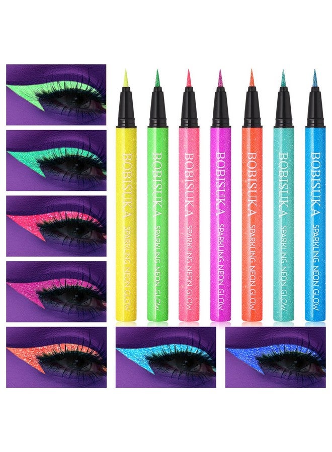 BOBISUKA Uv Shimmer Glow Liquid Eyeliner Set, 7 Colors Glitter Neon Colored Eyeliners Pen, Colorful Waterproof Pigmented Graphic Liners, Metallic Eye Makeup Kit For Rave Accessories Party - Image 1