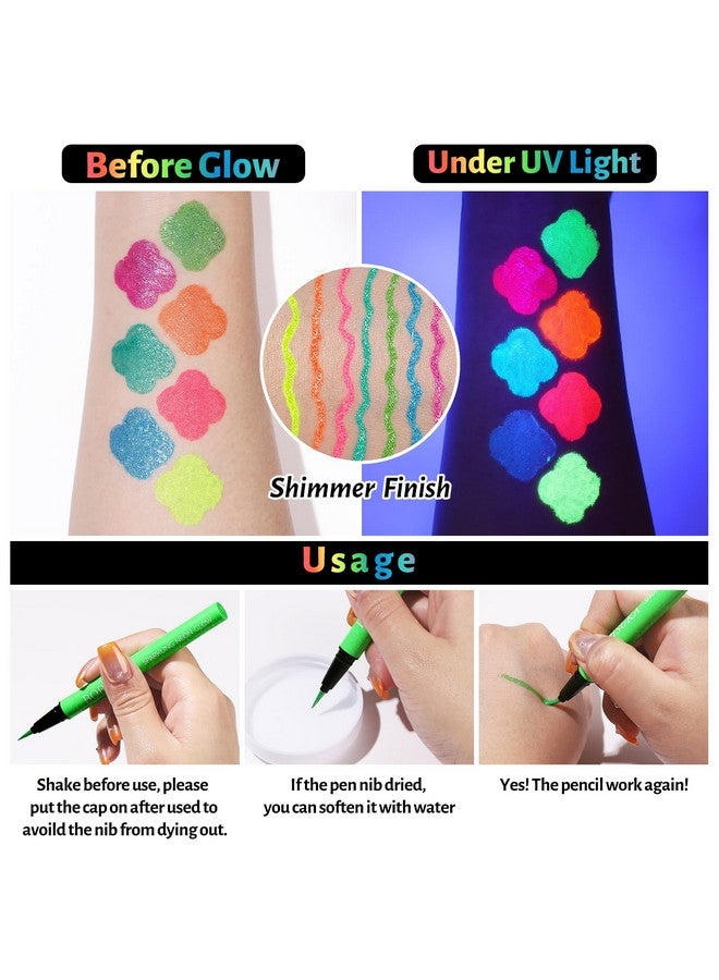 BOBISUKA Uv Shimmer Glow Liquid Eyeliner Set, 7 Colors Glitter Neon Colored Eyeliners Pen, Colorful Waterproof Pigmented Graphic Liners, Metallic Eye Makeup Kit For Rave Accessories Party - Image 2