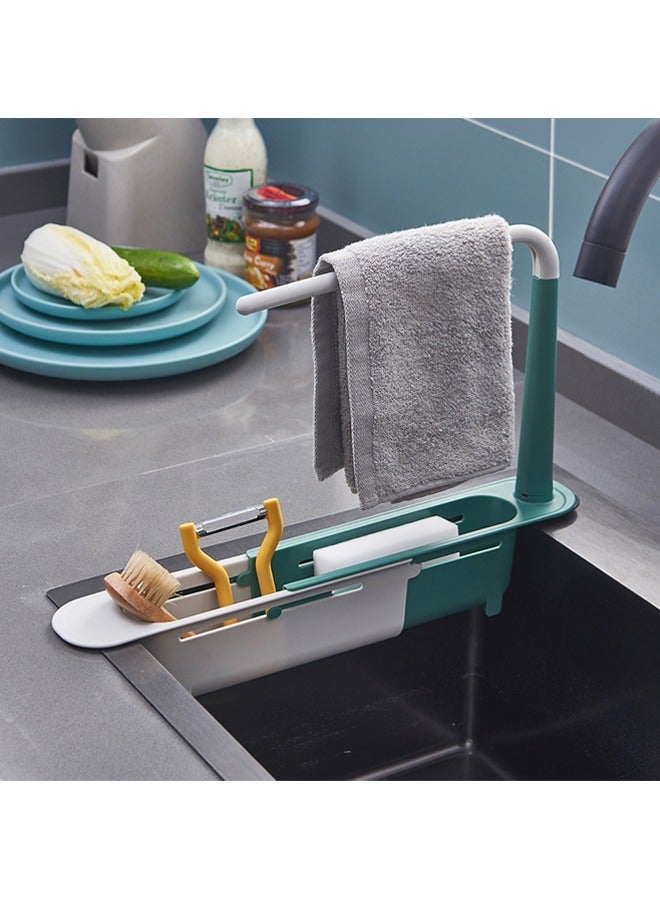 Hihonor Expandable Telescopic Drain Basket,Sink Organizer,Updated Telescopic Sink Storage Rack,Adjustable Telescopic 2-in-1 Sink Organizer Tray with Sponge Holder & Dishcloth Hanger (Green) - Image 4