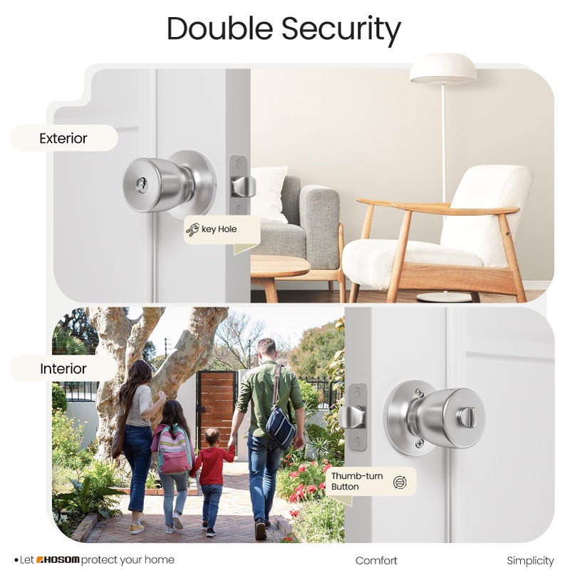HOSOM Door Knob with Lock and Key, Keyed Entry Door Knob, Exterior and Interior Door Lock for Front Door Commercial and Residential Area, Entry Door Handle for Bedroom and Bathroom, Satin Nickel - Image 4