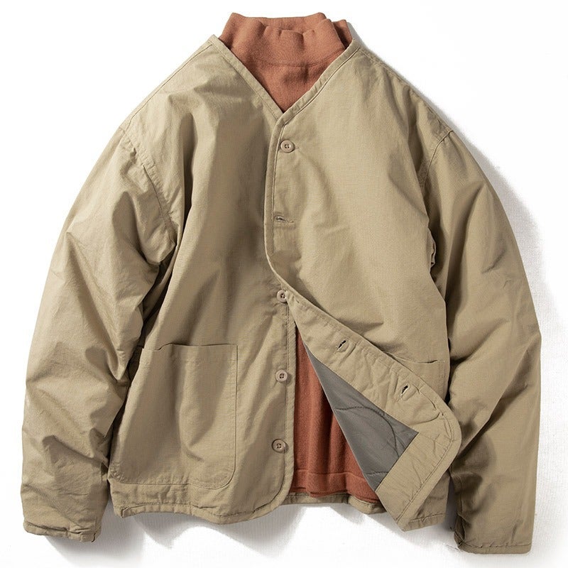 معطف شتوي ياباني فضفاض بدون ياقة من القطن مع overallات مدينة دافئة جاكيت عصرية للزوجين بقلنسوة على شكل V - Image 2