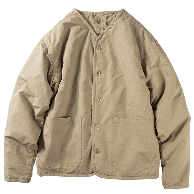 معطف شتوي ياباني فضفاض بدون ياقة من القطن مع overallات مدينة دافئة جاكيت عصرية للزوجين بقلنسوة على شكل V - Image 5