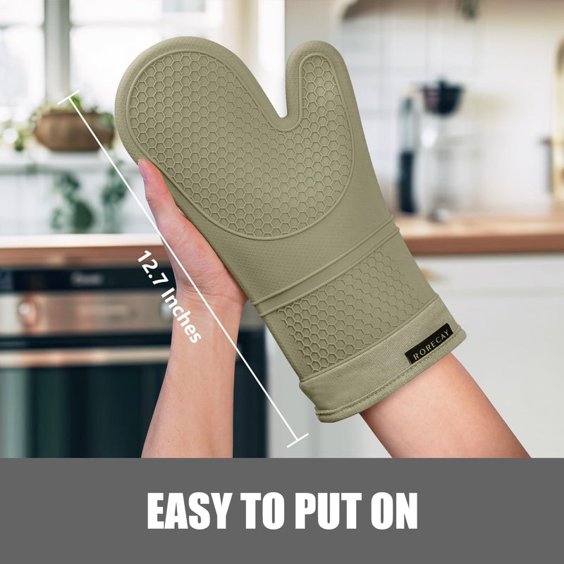 Rorecay 6pcs Oven Mitts and Pot Holders Sets Heat Resistant 500 Degrees, Extra Long Silicone Oven Gloves Non-Slip Potholders Hot Pads for Kitchen Baking Cooking, Quilted Liner, Martini Olive - Image 2