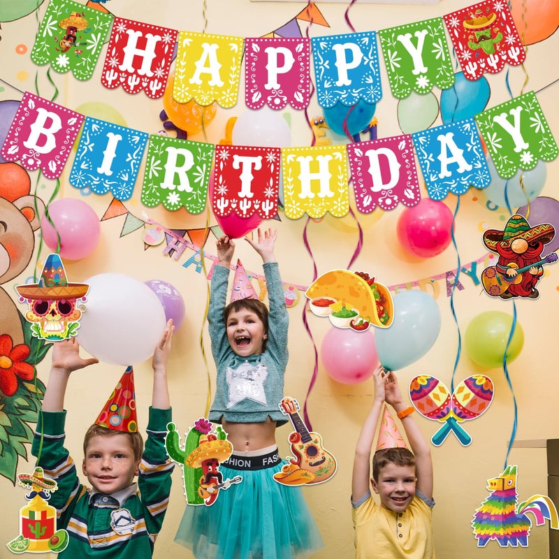 Biswiter Fiesta Happy Birthday Banner & 8pcs Mexican Taco Party Decorations, Cinco De Mayo, Colorful Cartoon Occasion Theme, 5x6 Inches, 1 Set - Image 2