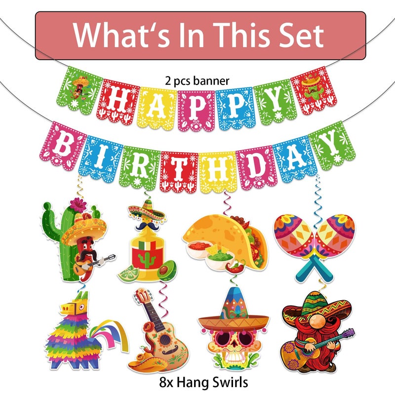 Biswiter Fiesta Happy Birthday Banner & 8pcs Mexican Taco Party Decorations, Cinco De Mayo, Colorful Cartoon Occasion Theme, 5x6 Inches, 1 Set - Image 3
