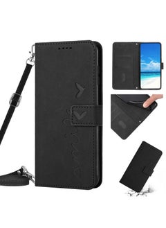 HuHa Case Cover For Realme C12 / C15 Skin Feel Heart Pattern Leather Phone Case with Lanyard Black 