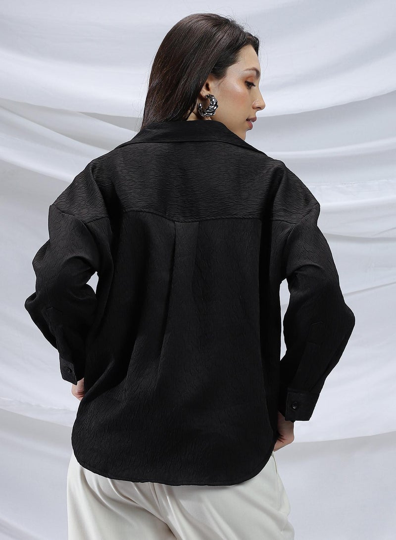 Women's Onyx Black Abstract-Tactile Relaxed Shirt - Image 5