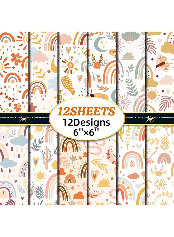 Bluejw 12 Sheets/pack BOHO Rainbow Handbook Material Floral Paper Kindergarten Multi-color Hand-folded Paper Children's Student Material - Image 2