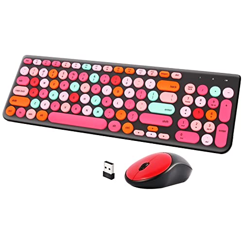 GUKJOB Wireless Keyboard and Mouse Combo, Retro Typewriter Keyboard with Round Keycaps, 2.4GHz USB Cute Wireless Keyboard Mouse for Computer, Desktop, Laptop and Computer (Black-Colorful) - Image 1
