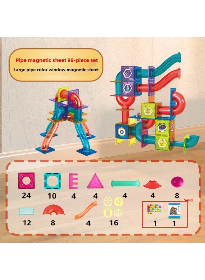 Color Window Magnetic Sheet Track Ball Slide Children's Pipe Toy Magnetic Block Patch Magnetic Sheet Color Window-Color:7.5cm Large Size High Quality Pipe-98 Piece Set  - Image 1