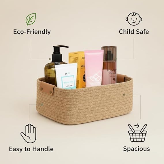 SANWALSA [Pack of 1-12x8x5 inch, Rectangle, Beige] Handwoven Jute Cotton Basket | Eco-Friendly Shelf Baskets for Kitchen, Living Room, Office | Ideal for Storage, Organization & Gift Hampers - Image 2