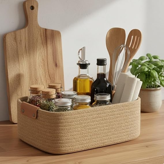 SANWALSA [Pack of 1-12x8x5 inch, Rectangle, Beige] Handwoven Jute Cotton Basket | Eco-Friendly Shelf Baskets for Kitchen, Living Room, Office | Ideal for Storage, Organization & Gift Hampers - Image 3