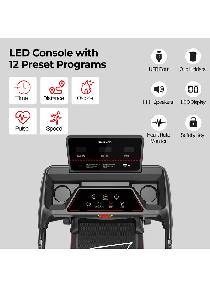 Sparnod Fitness STH-1150 Folding Treadmill with 2.5HP DC Motor, Speed Range 1.0–14 km/h, Manual Incline, 12 Preset Programs, Bluetooth Speakers, LED Display & Heart Rate Sensor – Compact, Foldable Design for Home Use - Image 3