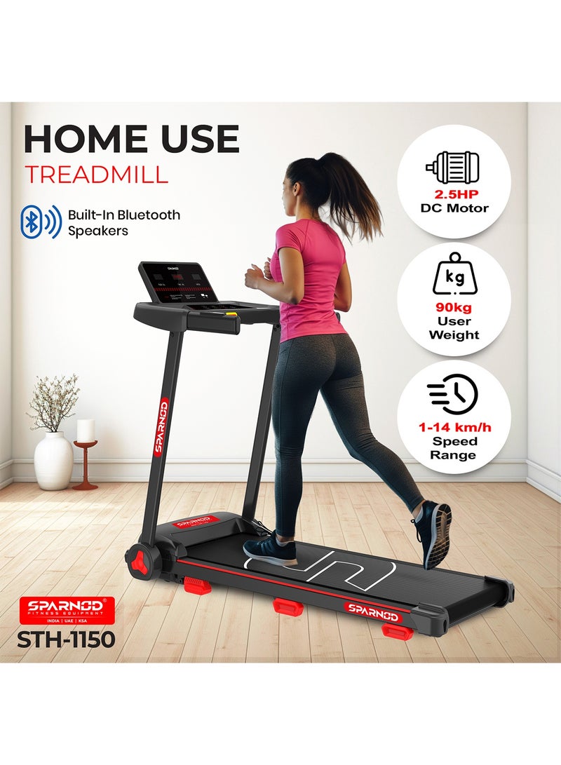 Sparnod Fitness STH-1150 Folding Treadmill with 2.5HP DC Motor, Speed Range 1.0–14 km/h, Manual Incline, 12 Preset Programs, Bluetooth Speakers, LED Display & Heart Rate Sensor – Compact, Foldable Design for Home Use - Image 2