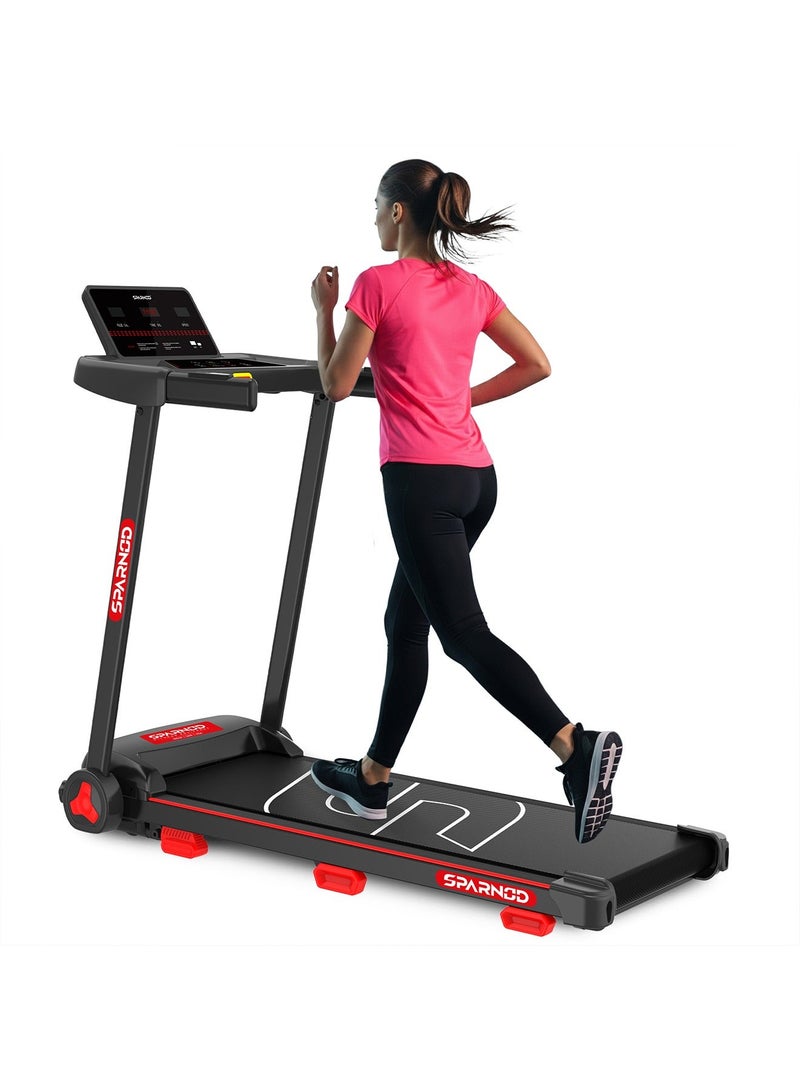 Sparnod Fitness جهاز مشي قابل للطي STH-1150 بمحرك DC بقوة 2.5 حصان، نطاق سرعة 1.0–14 كم/س، ميل يدوي، 12 برنامج مسبق، مكبرات صوت بلوتوث، شاشة LED ومستشعر معدل ضربات القلب – تصميم مدمج وقابل للطي للاستخدام المنزلي - Image 1