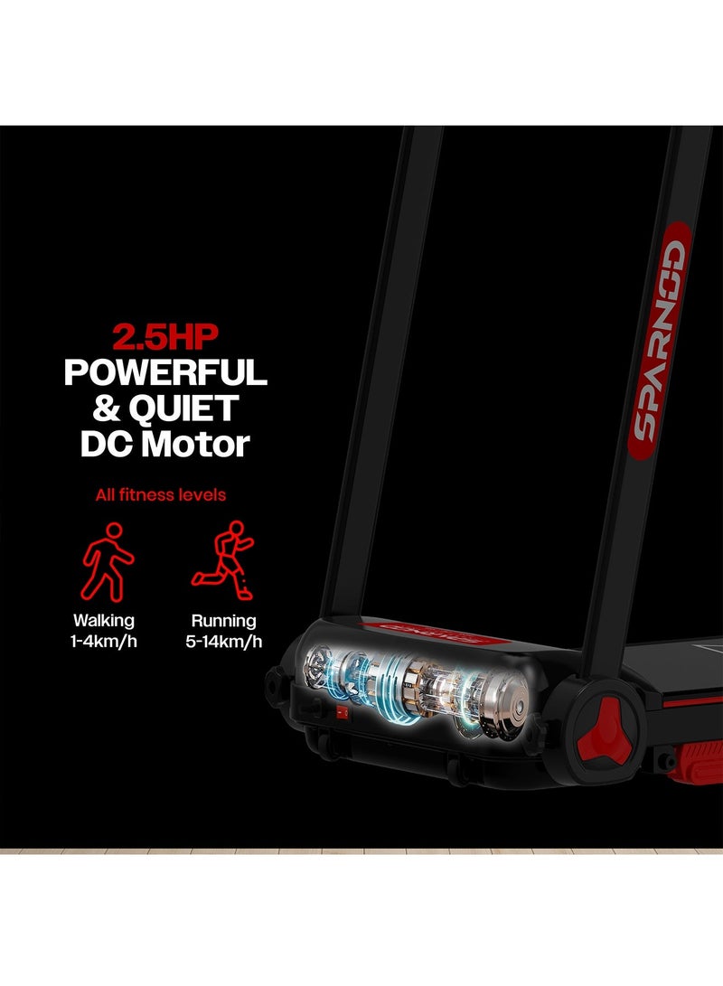 Sparnod Fitness STH-1150 Folding Treadmill with 2.5HP DC Motor, Speed Range 1.0–14 km/h, Manual Incline, 12 Preset Programs, Bluetooth Speakers, LED Display & Heart Rate Sensor – Compact, Foldable Design for Home Use - Image 5