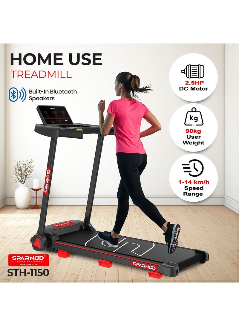 Sparnod Fitness STH-1150 Folding Treadmill with 2.5HP DC Motor, Speed Range 1.0–14 km/h, Manual Incline, 12 Preset Programs, Bluetooth Speakers, LED Display & Heart Rate Sensor – Compact, Foldable Design for Home Use - Image 2