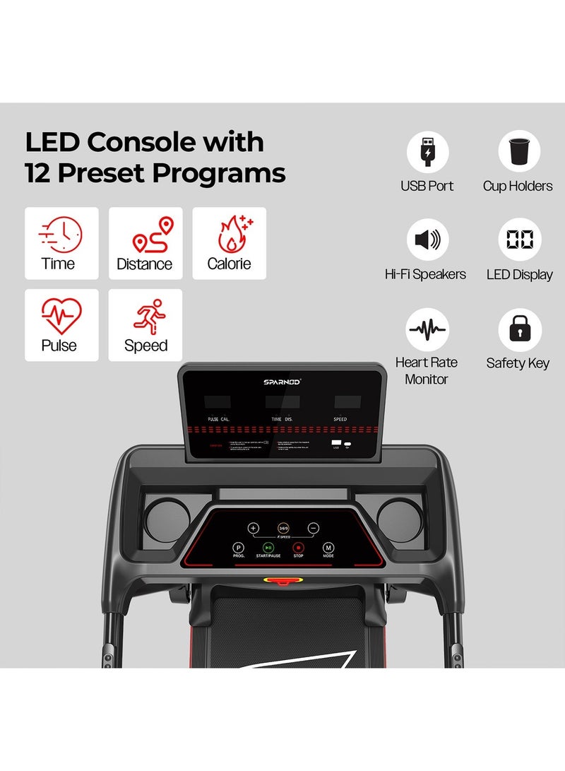 Sparnod Fitness STH-1150 Folding Treadmill with 2.5HP DC Motor, Speed Range 1.0–14 km/h, Manual Incline, 12 Preset Programs, Bluetooth Speakers, LED Display & Heart Rate Sensor – Compact, Foldable Design for Home Use - Image 3