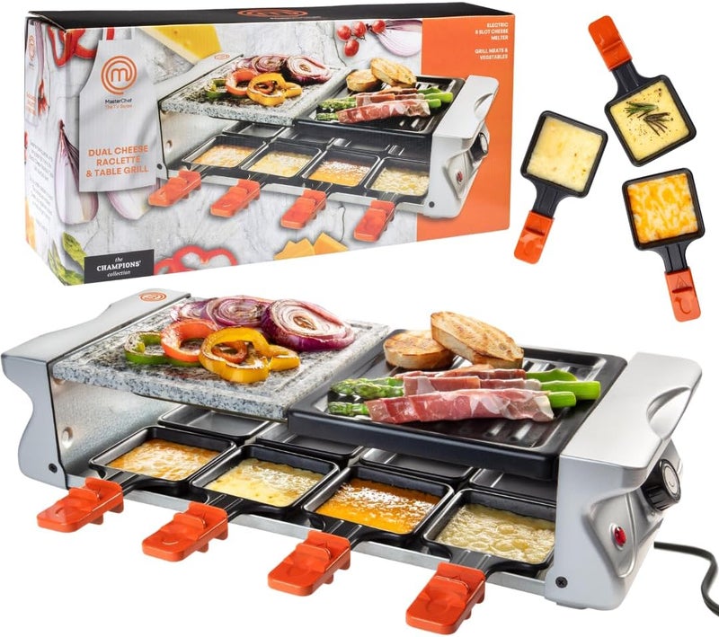 Master Chef Electric Raclette Table Grill w Non-Stick Grilling Plate & Cooking Stone- 8 Person Tabletop Cooker for Indoor, Smokeless Korean BBQ-Melt Cheese, Cook Meat & Veggies, Apps-19" x 8" Xmas Gift - Image 1
